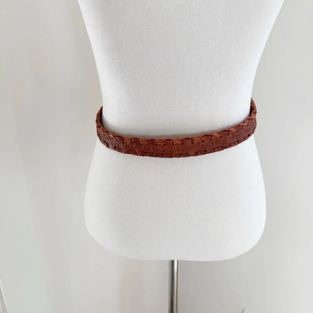 Vintage Hand Made Tooled Brown Western Leather Belt Mexico Wood Buckle 26-30 Sm